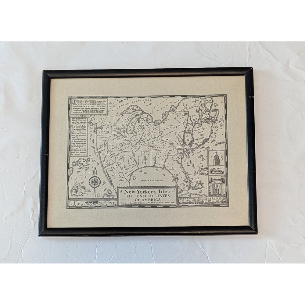 VTG 1930s Map New Yorker's Idea of US Wallingford Offset Lithograph Framed 1950s